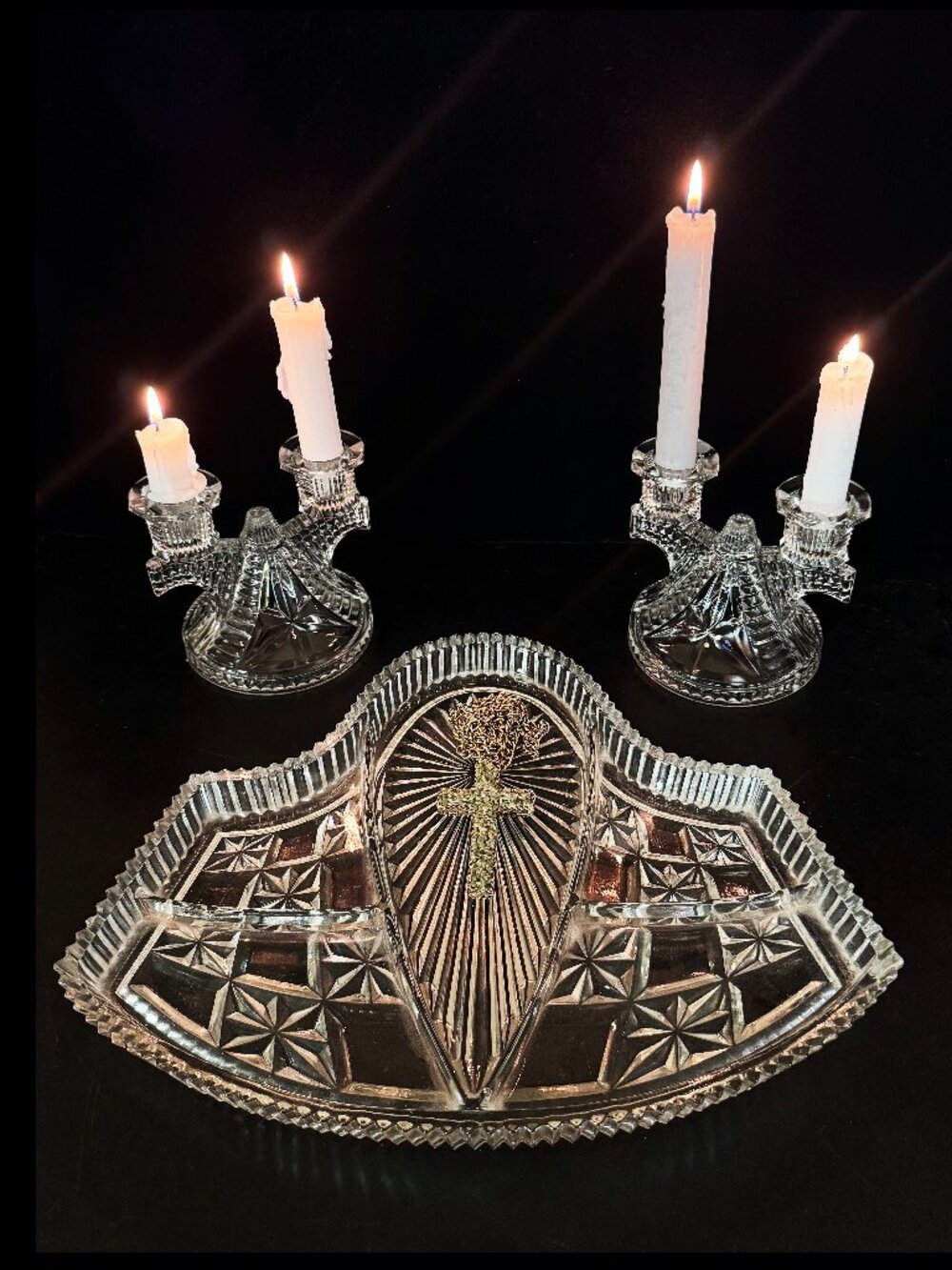 Vintage Vanity Decor. Federal Glass Candelabras and Divided Jewelry Tray.